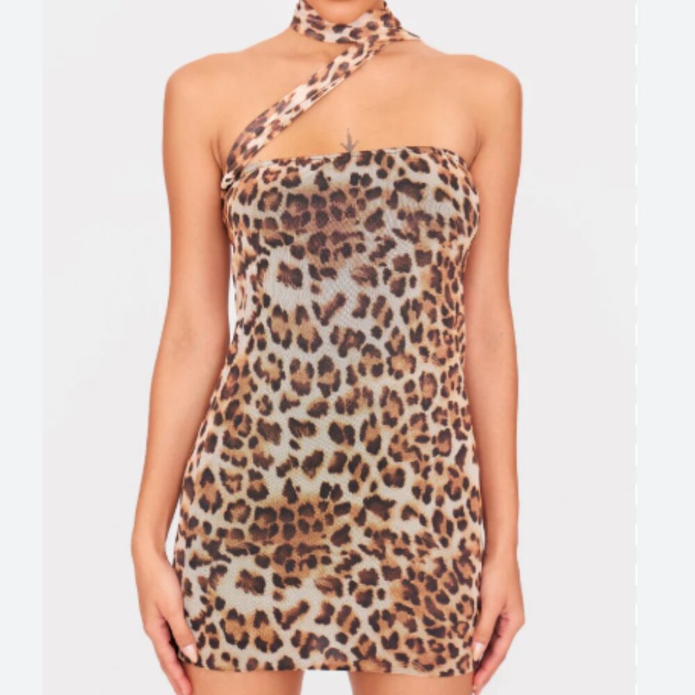 PrettyLittleThing Leopard Print Bandeau Bodycon Mesh Mini Dress Size 8